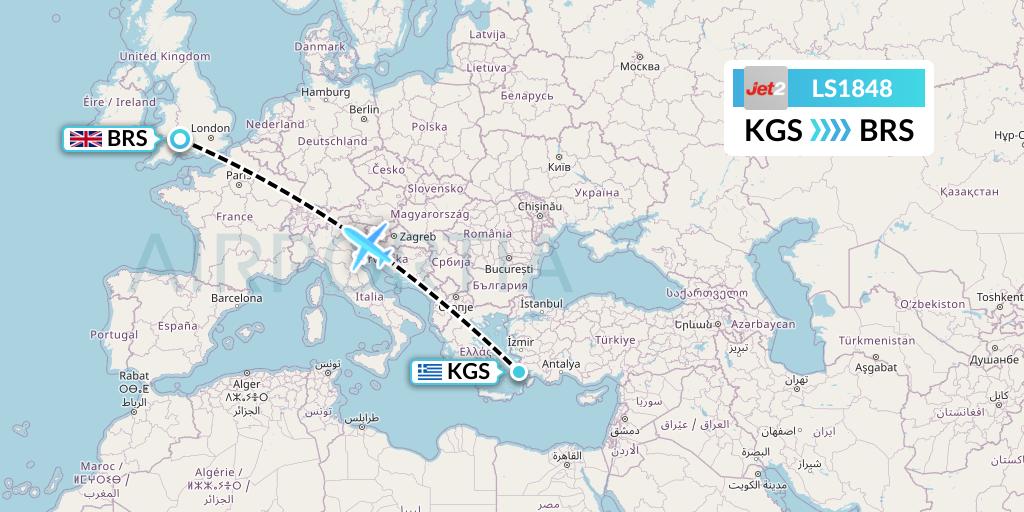 LS1848 Jet2 Flight Map: Kos to Bristol