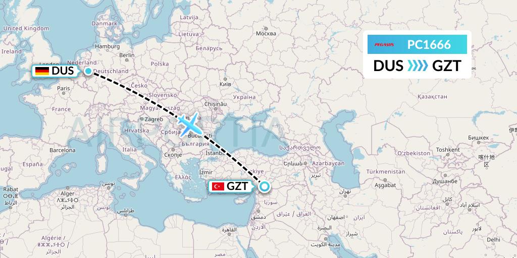 PC1666 Pegasus Airlines Flight Map: Dusseldorf to Gaziantep