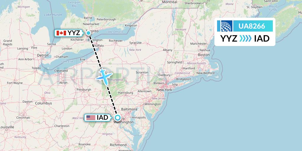 UA8266 United Airlines Flight Map: Toronto to Washington