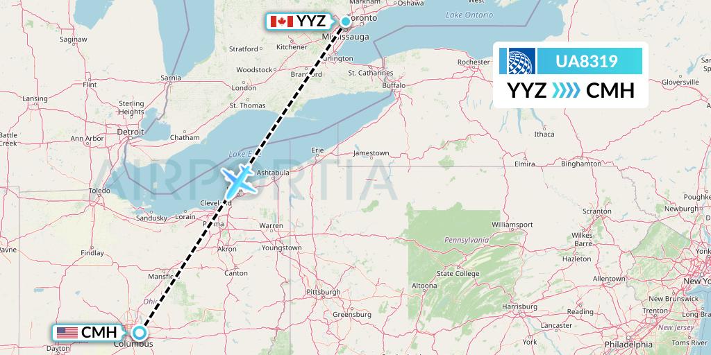 UA8319 United Airlines Flight Map: Toronto to Columbus