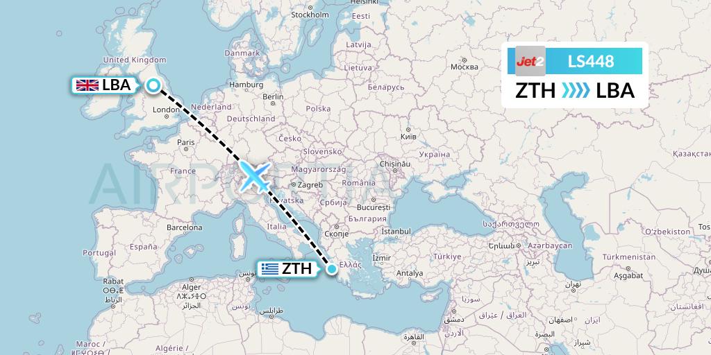 LS448 Jet2 Flight Map: Zakynthos to Leeds