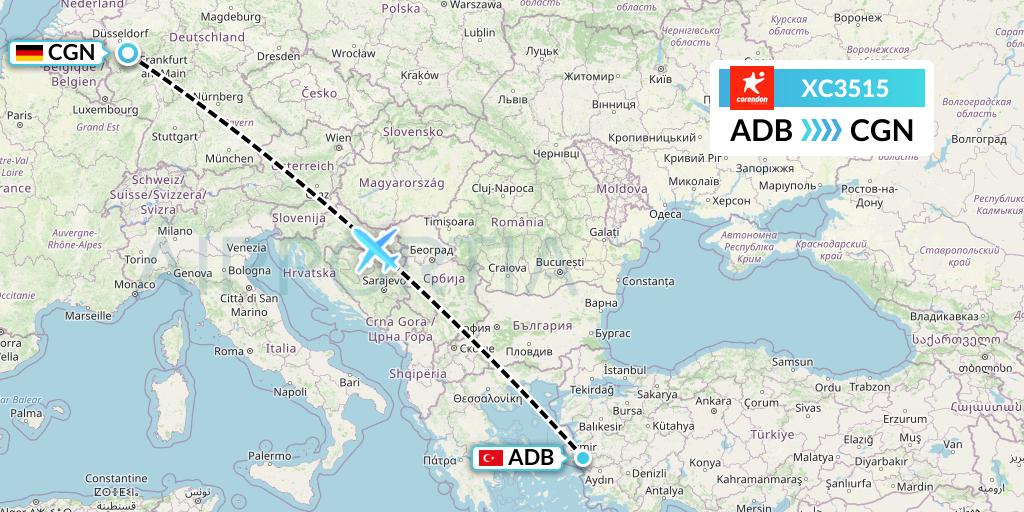 XC3515 Corendon Airlines Flight Map: Izmir to Cologne