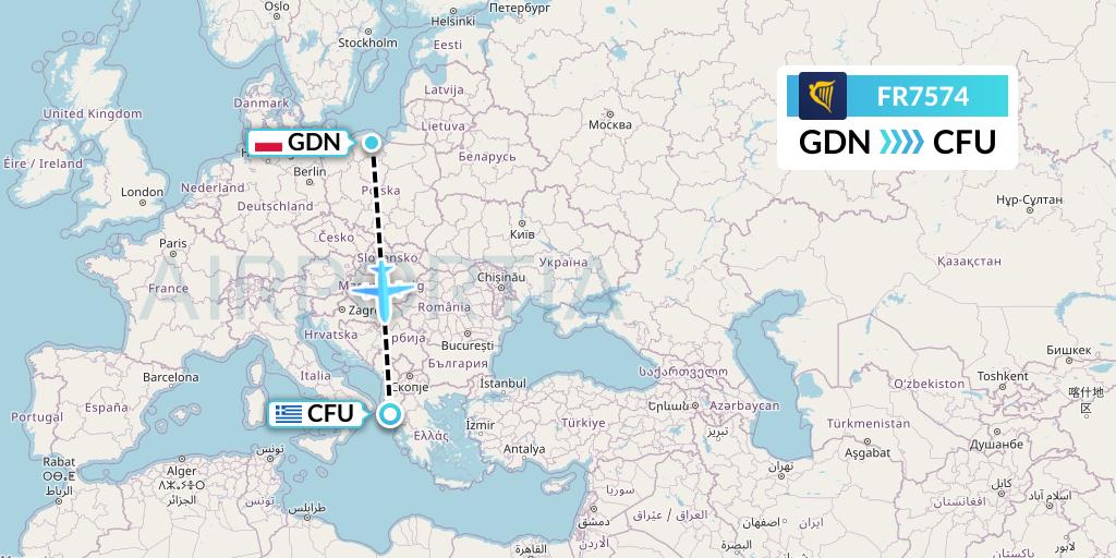 FR7574 Ryanair Flight Map: Gdansk to Corfu