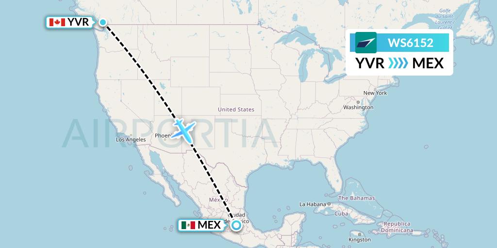 WS6152 WestJet Flight Map: Vancouver to Mexico City