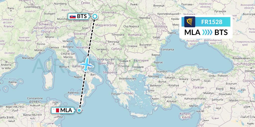 FR1528 Ryanair Flight Map: Malta to Bratislava