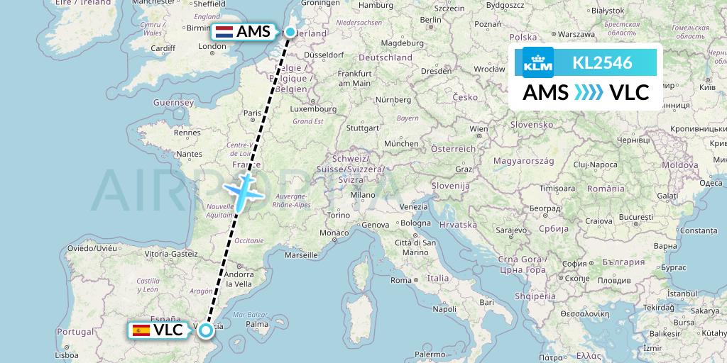 KL2546 KLM Flight Map: Amsterdam to Valencia