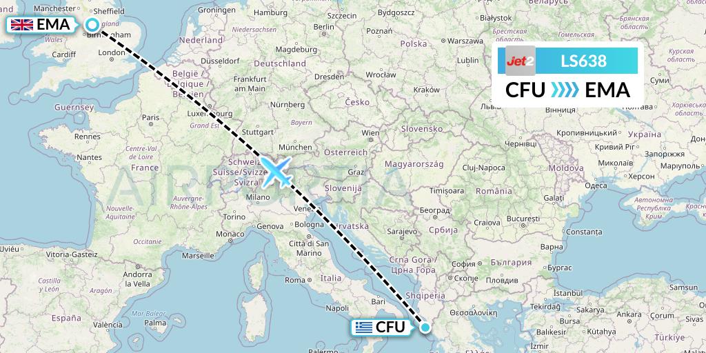 LS638 Jet2 Flight Map: Corfu to East Midlands