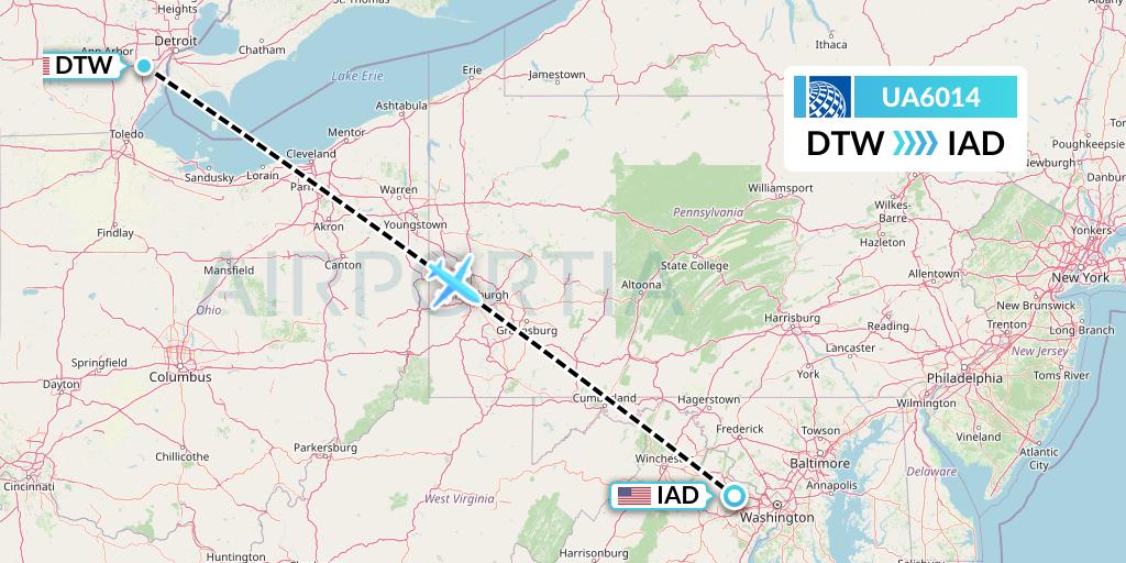 UA6014 United Airlines Flight Map: Detroit to Washington
