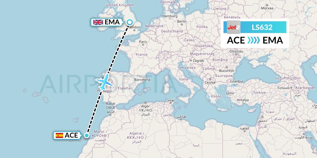LS632 Jet2 Flight Map: Lanzarote to East Midlands