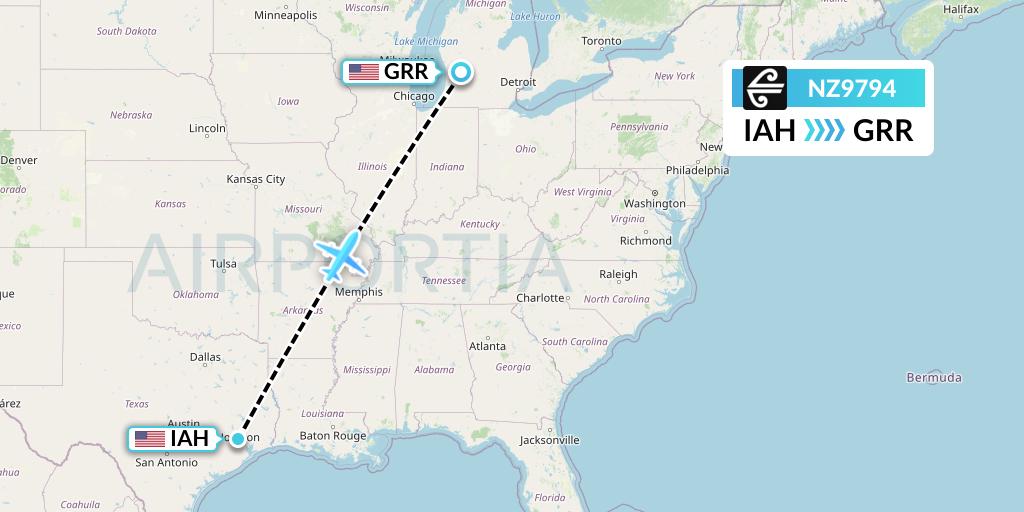 NZ9794 Air New Zealand Flight Map: Houston to Grand Rapids