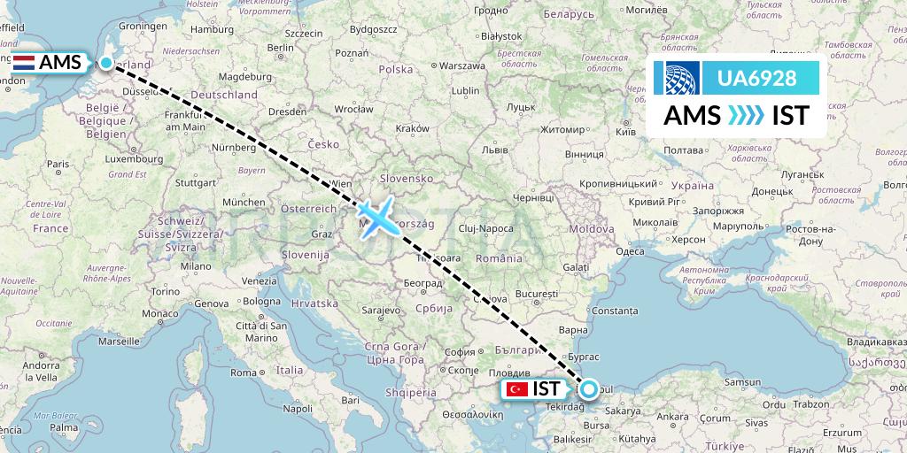 UA6928 United Airlines Flight Map: Amsterdam to Istanbul
