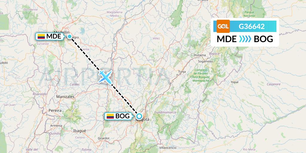 G36642 GOL Transportes Aeros Flight Map: Medellin to Bogota