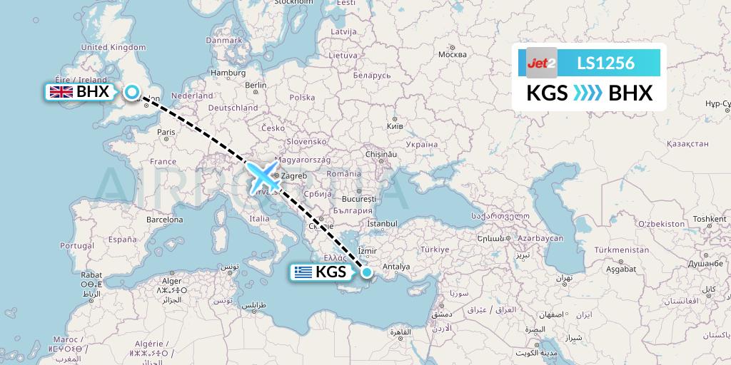 LS1256 Jet2 Flight Map: Kos to Birmingham