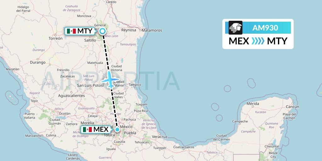 AM930 Aeromexico Flight Map: Mexico City to Monterrey
