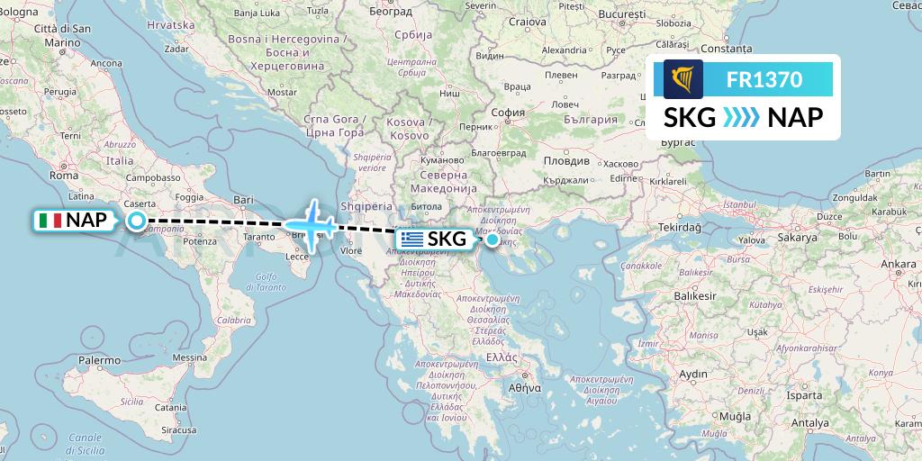 FR1370 Ryanair Flight Map: Thessaloniki to Naples
