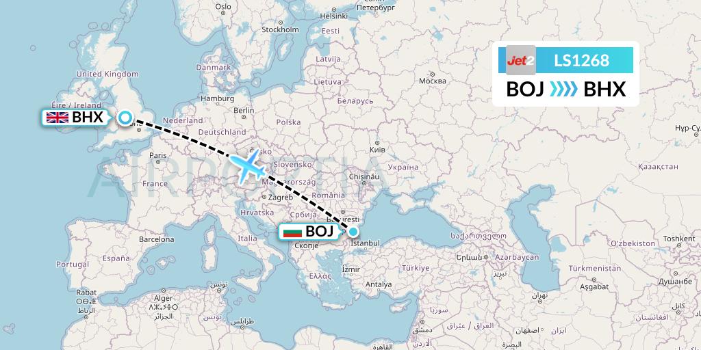 LS1268 Jet2 Flight Map: Burgas to Birmingham