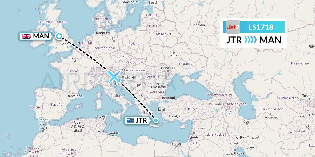 LS1718 Jet2 Flight Map: Santorini to Manchester