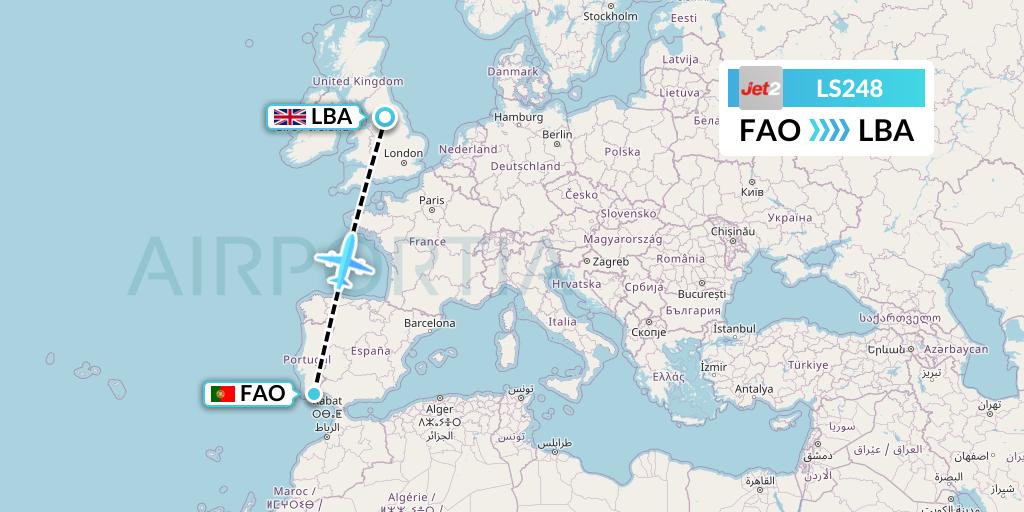 LS248 Jet2 Flight Map: Faro to Leeds