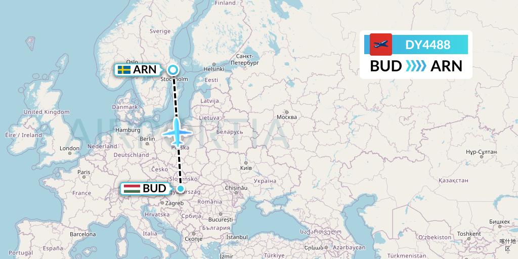 DY4488 Norwegian Flight Map: Budapest to Stockholm