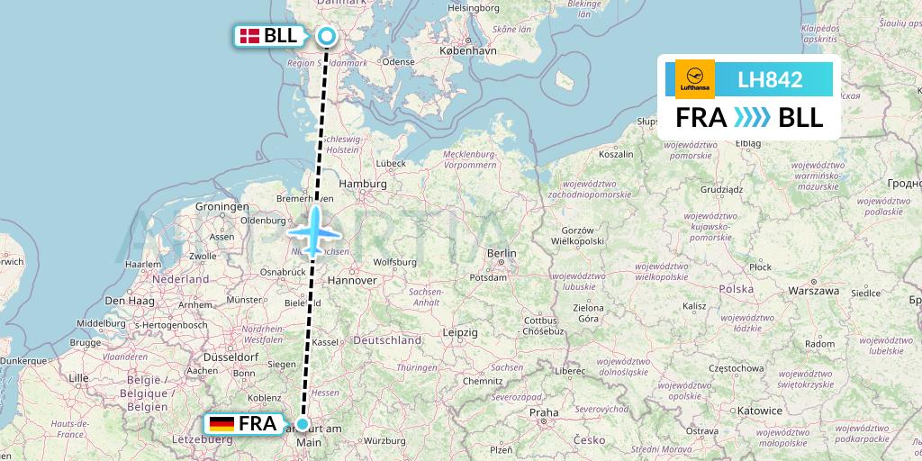 LH842 Lufthansa Flight Map: Frankfurt to Billund
