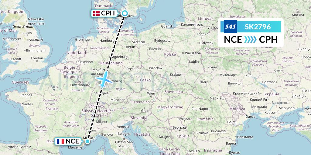 SK2796 SAS Flight Map: Nice to Copenhagen