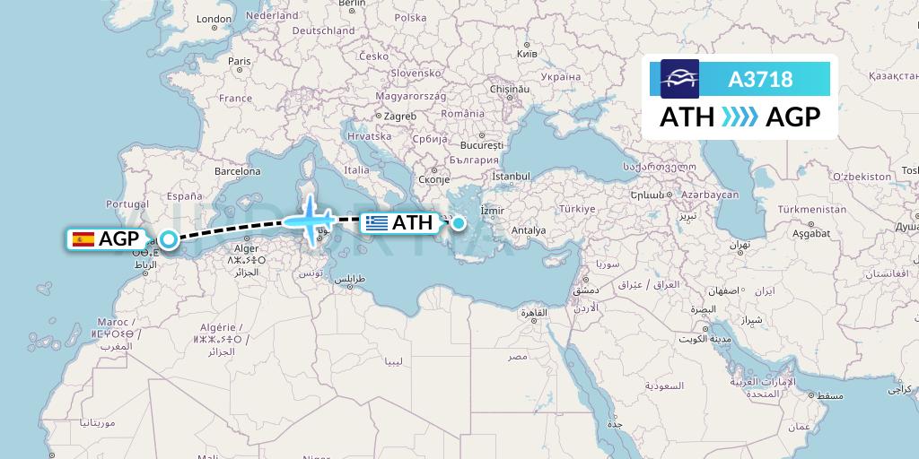 A3718 Aegean Airlines Flight Map: Athens to Malaga
