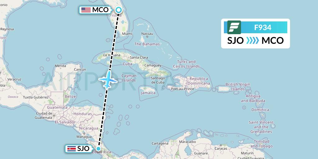 F934 Frontier Airlines Flight Map: San Jose to Orlando