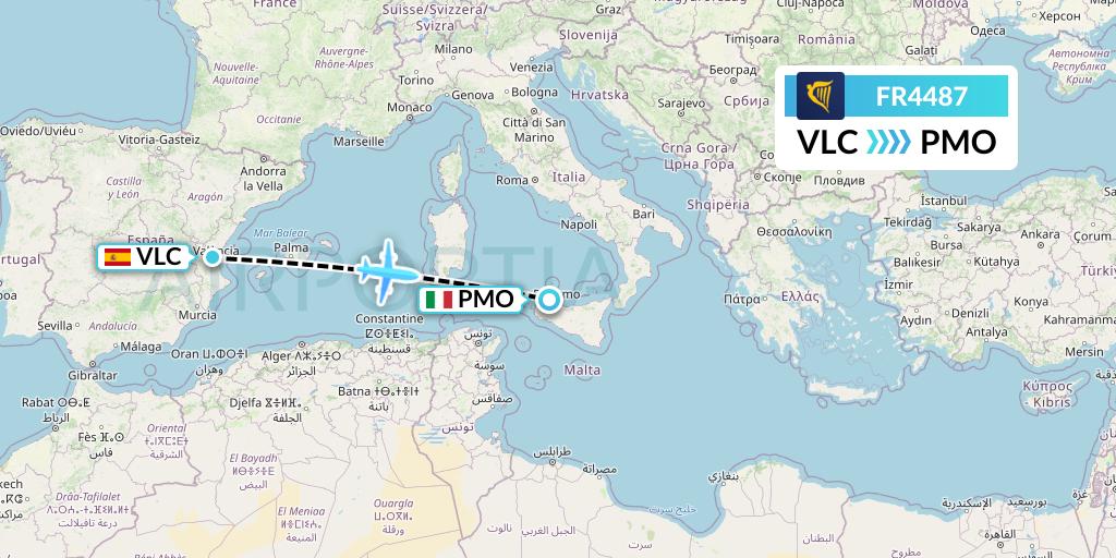 FR4487 Ryanair Flight Map: Valencia to Palermo