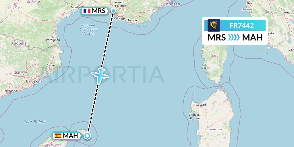 FR7442 Ryanair Flight Map: Marseille to Mahon
