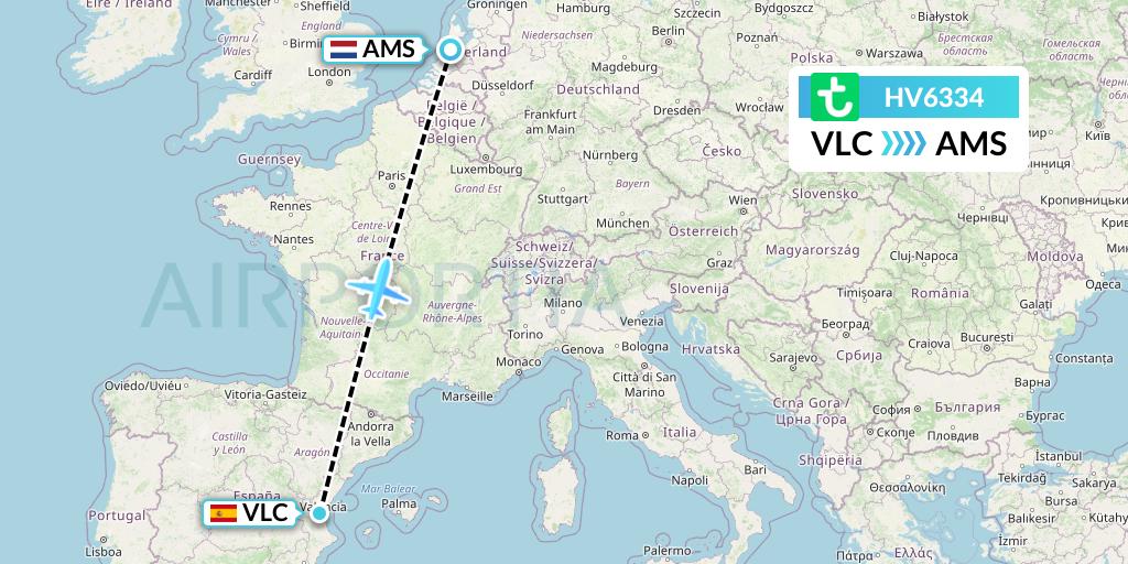 HV6334 Transavia Flight Map: Valencia to Amsterdam