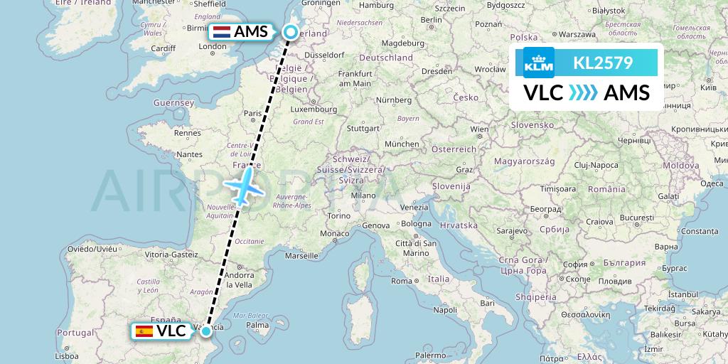 KL2579 KLM Flight Map: Valencia to Amsterdam