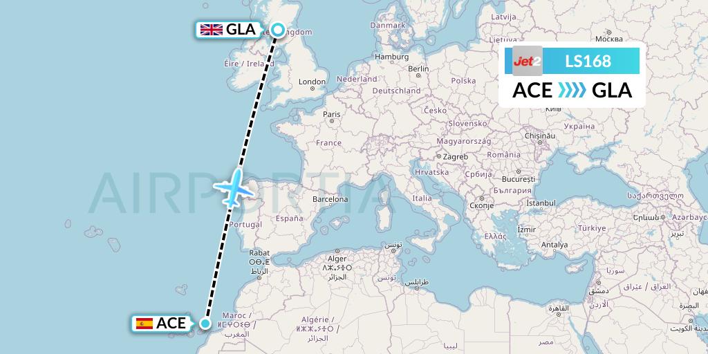 LS168 Jet2 Flight Map: Lanzarote to Glasgow