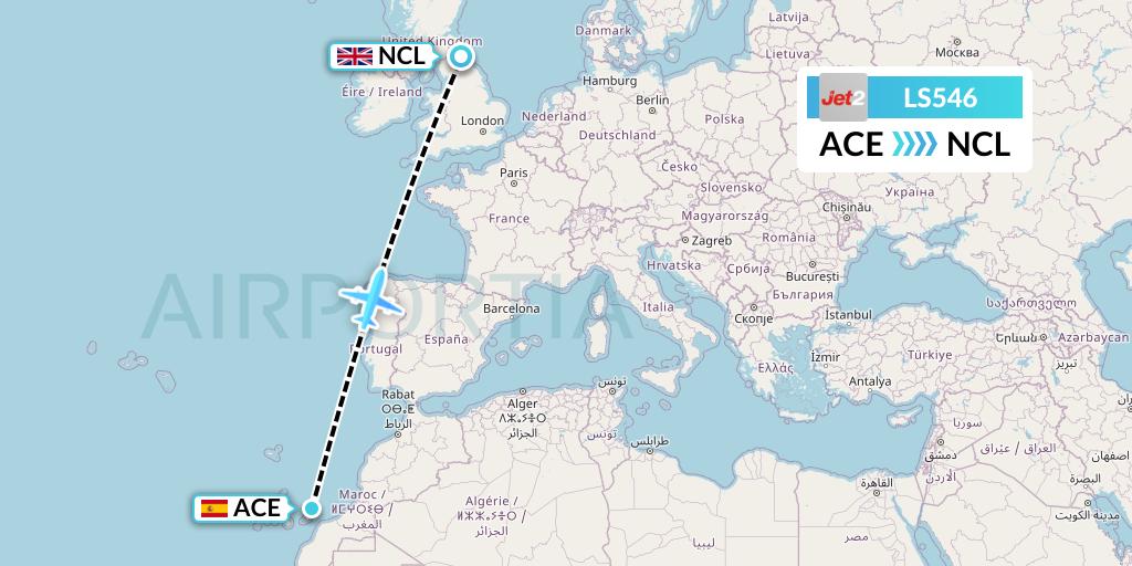 LS546 Jet2 Flight Map: Lanzarote to Newcastle