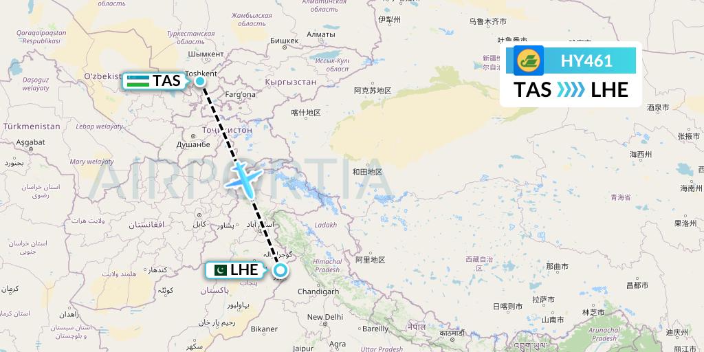 HY461 Uzbekistan Airways Flight Map: Tashkent to Lahore