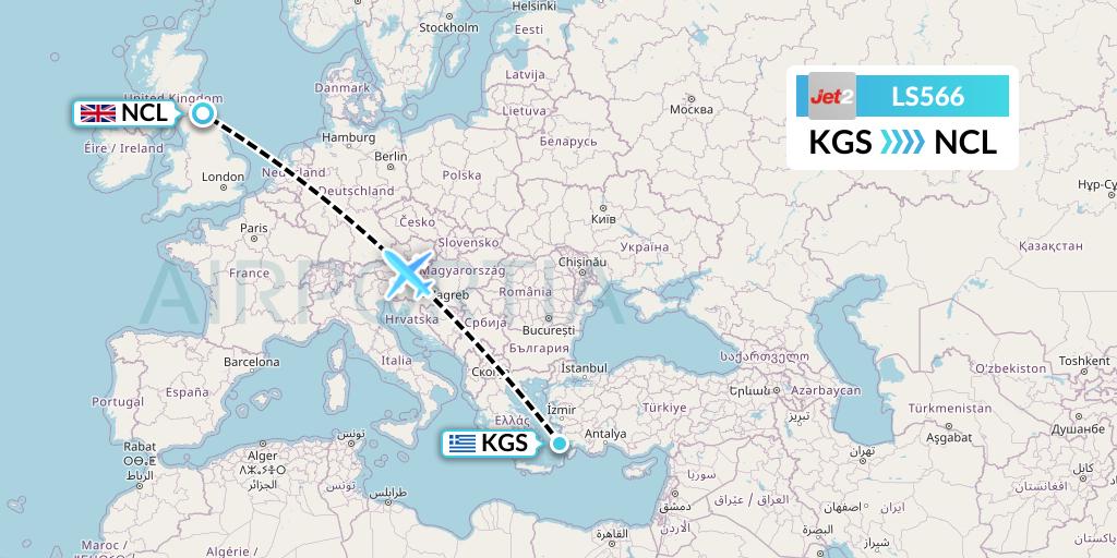 LS566 Jet2 Flight Map: Kos to Newcastle