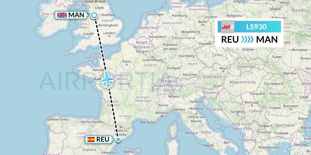 LS930 Jet2 Flight Map: Reus to Manchester