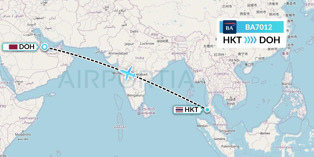 BA7012 British Airways Flight Map: Phuket to Doha