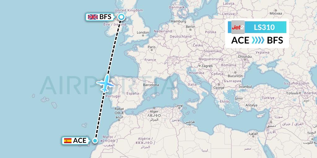 LS310 Jet2 Flight Map: Lanzarote to Belfast