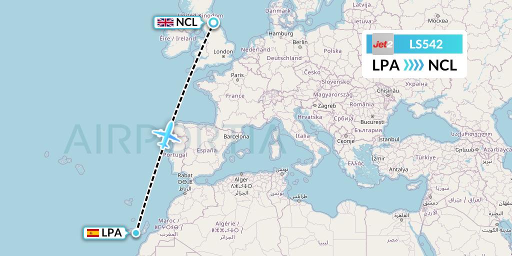 LS542 Jet2 Flight Map: Las Palmas to Newcastle