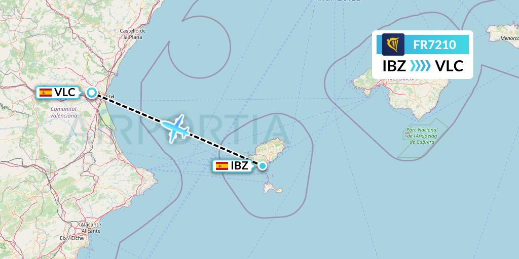 FR7210 Ryanair Flight Map: Ibiza to Valencia