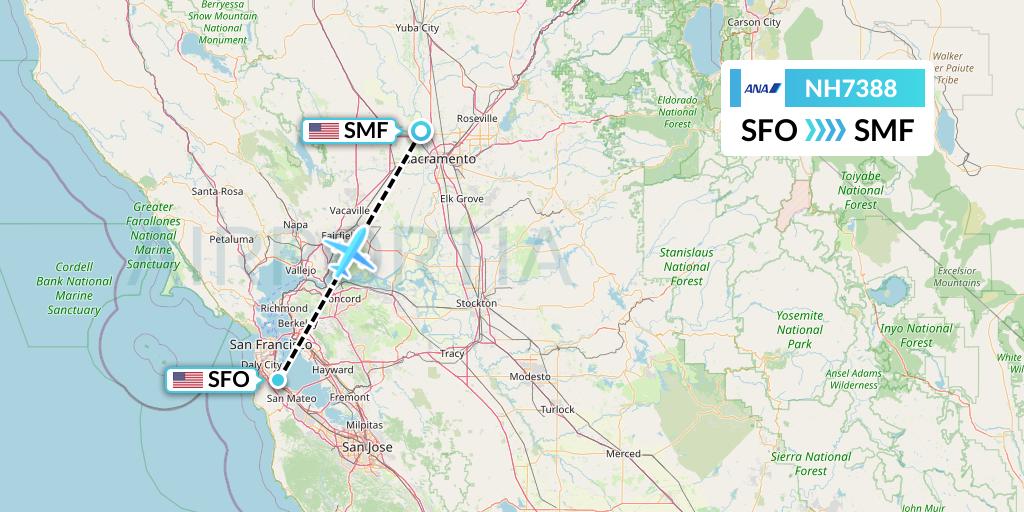 NH7388 All Nippon Airways Flight Map: San Francisco to Sacramento