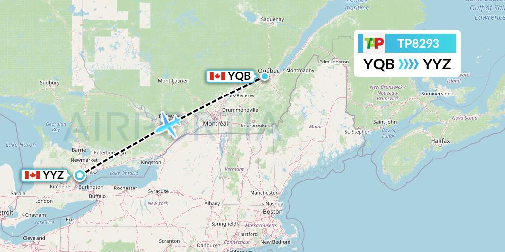 TP8293 TAP Portugal Flight Map: Quebec to Toronto