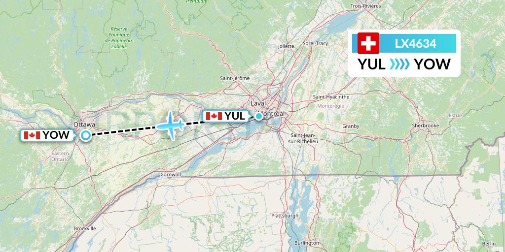LX4634 Swiss Flight Map: Montreal to Ottawa