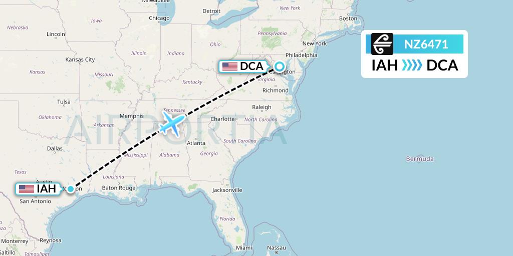 NZ6471 Air New Zealand Flight Map: Houston to Washington