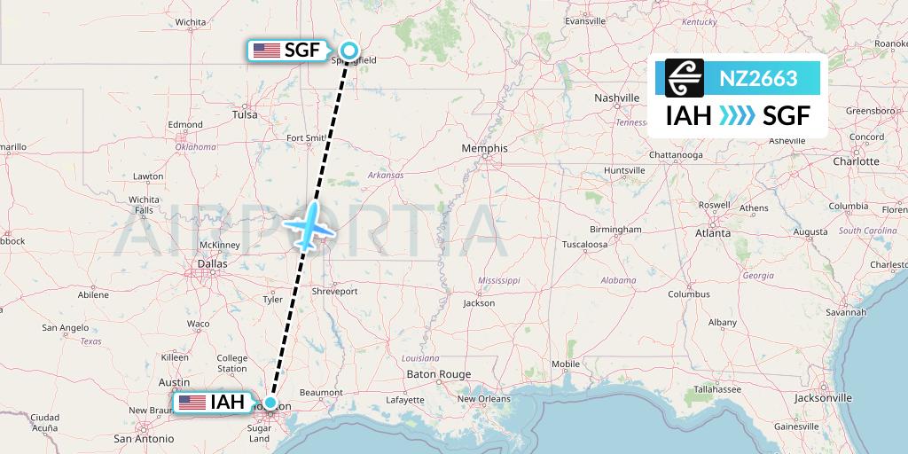 NZ2663 Air New Zealand Flight Map: Houston to Springfield