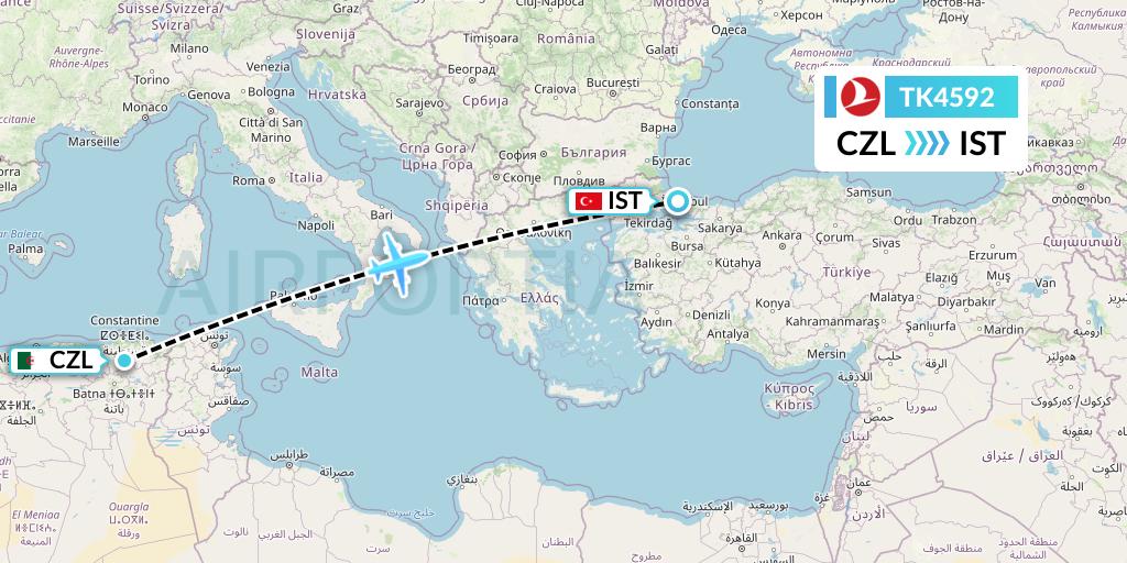 TK4592 Turkish Airlines Flight Map: Constantine to Istanbul