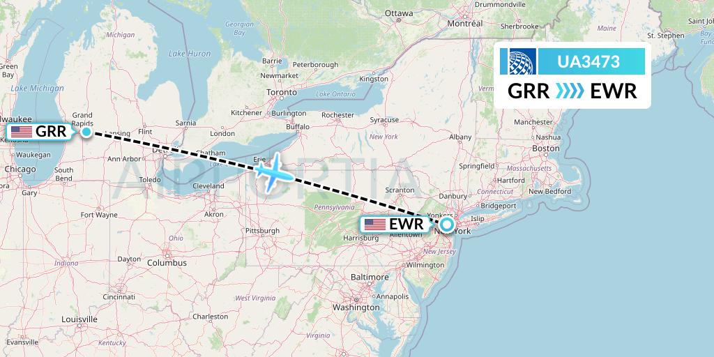 UA3473 United Airlines Flight Map: Grand Rapids to New York
