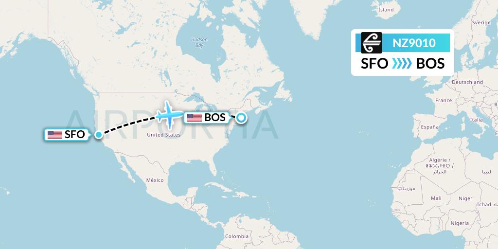NZ9010 Air New Zealand Flight Map: San Francisco to Boston