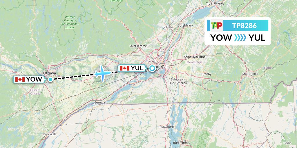 TP8286 TAP Portugal Flight Map: Ottawa to Montreal