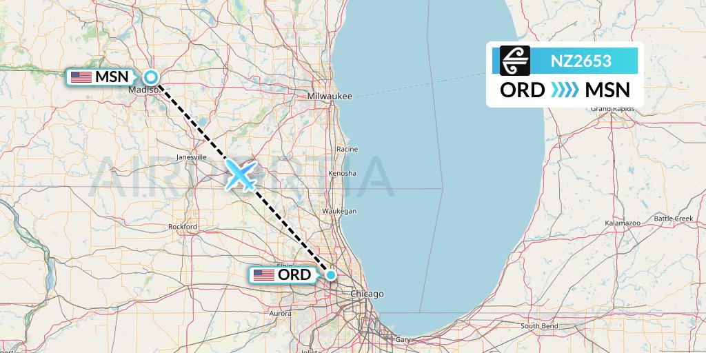 NZ2653 Air New Zealand Flight Map: Chicago to Madison